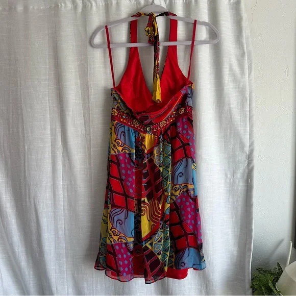 Sue Wong vintage VTG 100% silk flowy halter top Y2K beaded dress bright colors - Picture 6 of 13